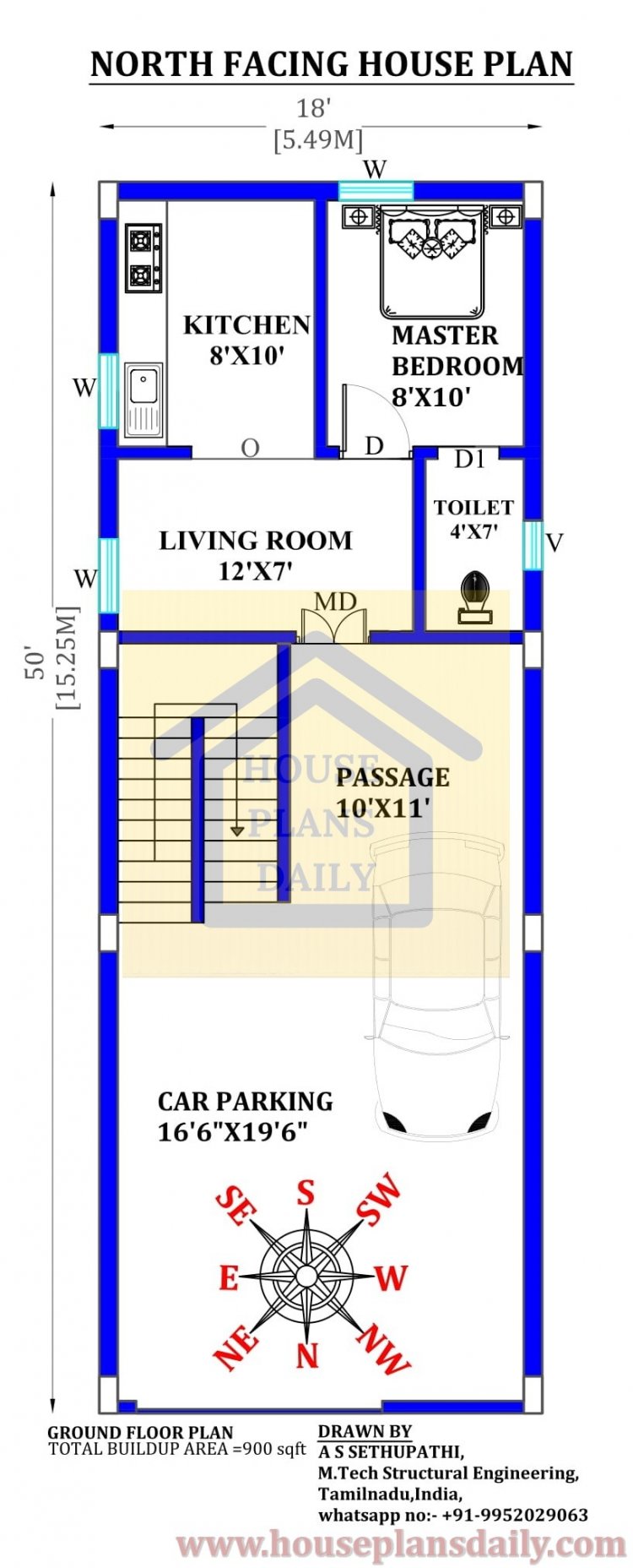 900 Sqft North Facing House Plan with Car Parking