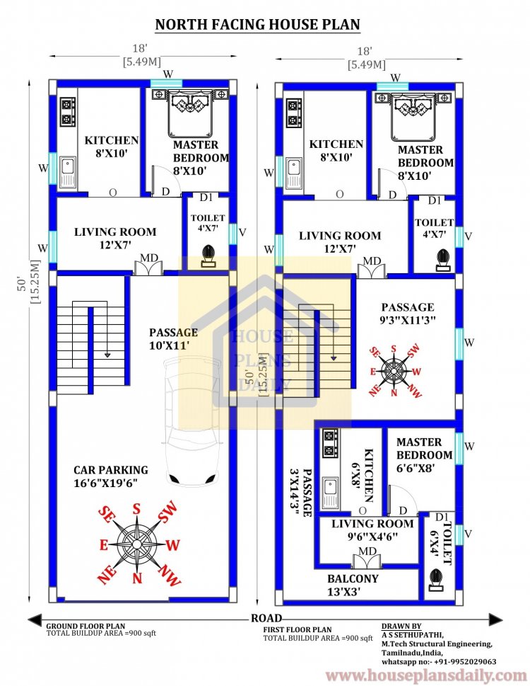 900 Sqft North Facing House Plan with Car Parking