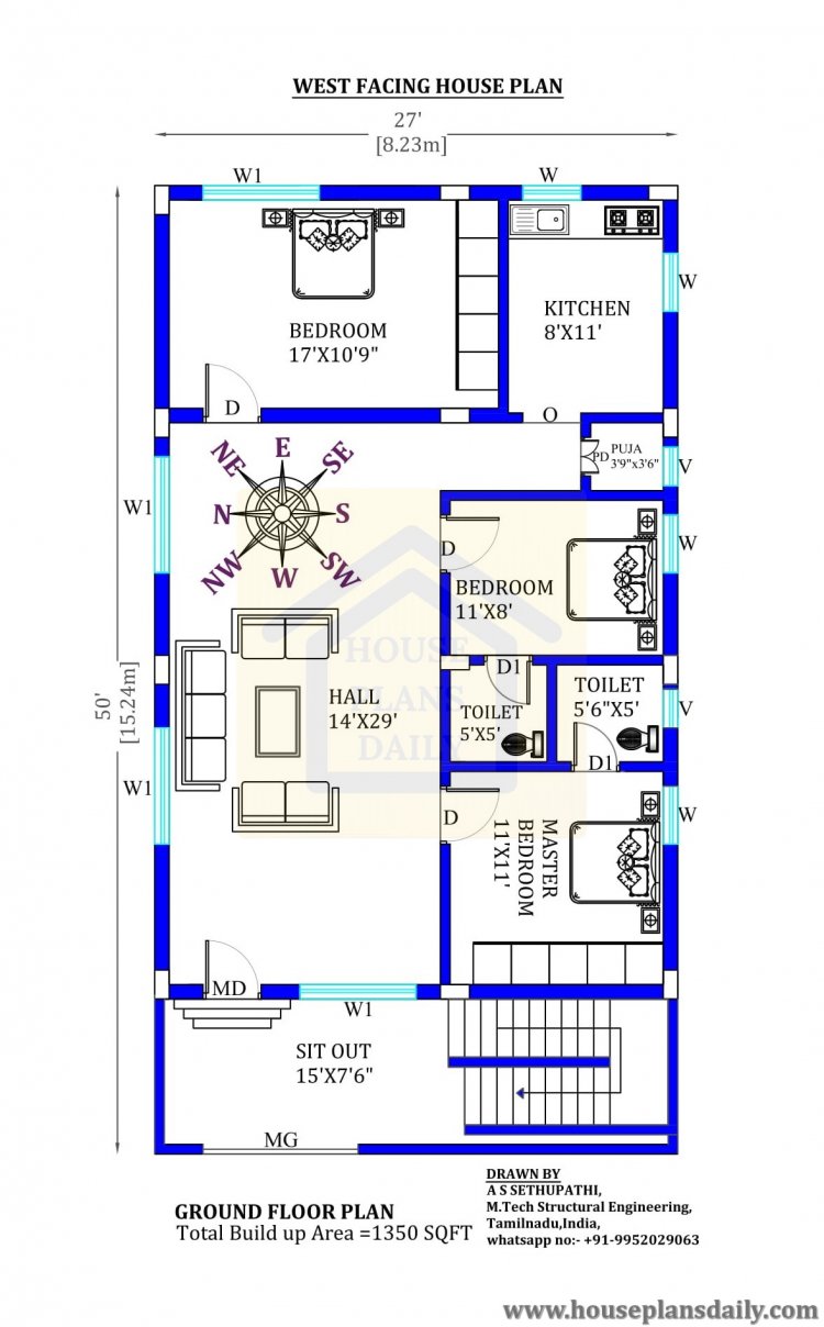 Modern House | West Facing House | 3BHK House Plan