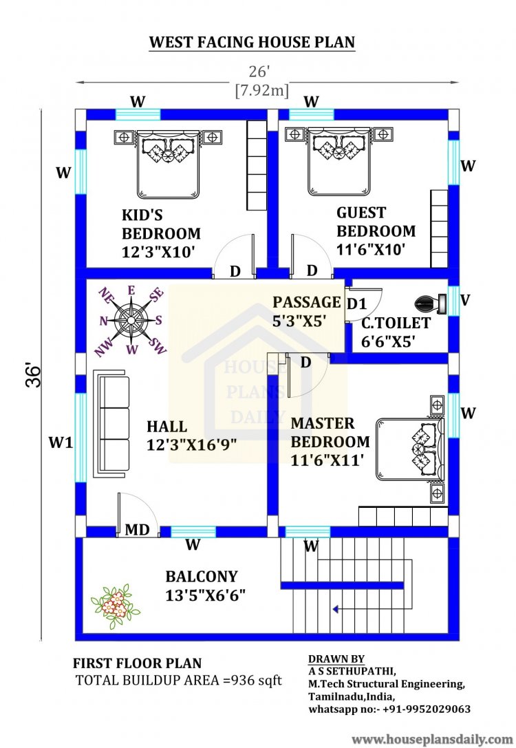 West Facing Plan |Simple Floor Plan | 4 Bedroom Plan