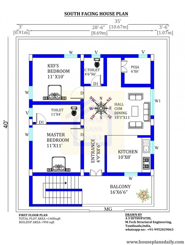 2BHK Floor Plan 1000 Sqft House Plan South Facing Plan 60 OFF