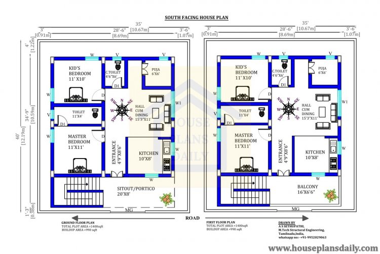 2bhk Floor Plan 1000 Sqft House