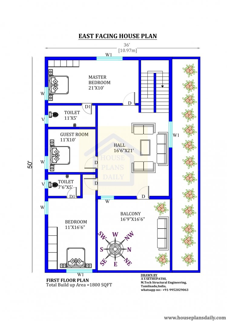 1800 Sq Ft House Plan | Best East Facing House Plan