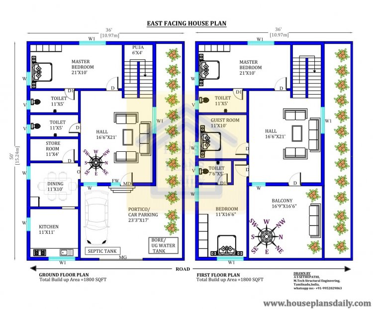 1800 Sq Ft House Plan | Best East Facing House Plan