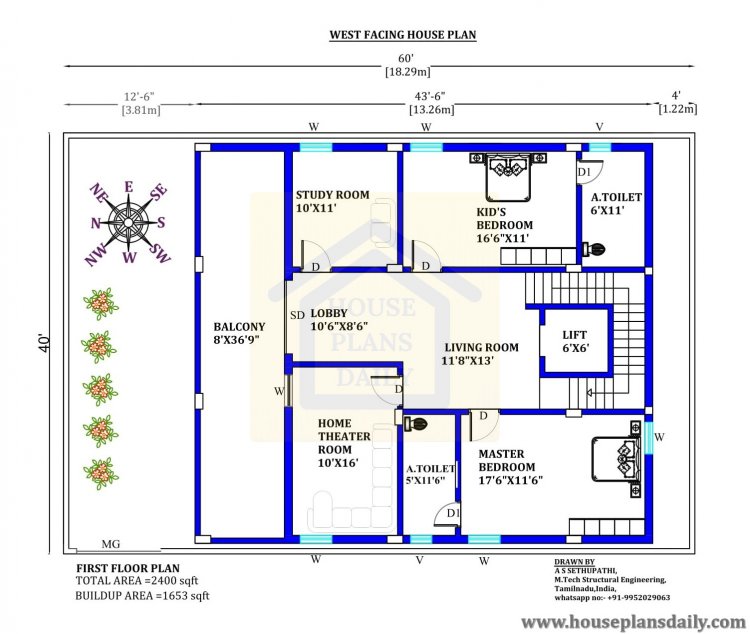 Duplex Floor Plan | House Plan with Lift | 60x40 West Home