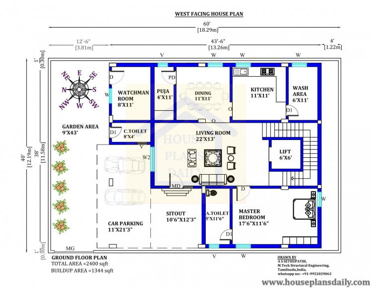 Duplex Floor Plan | House Plan with Lift | 60x40 West Home