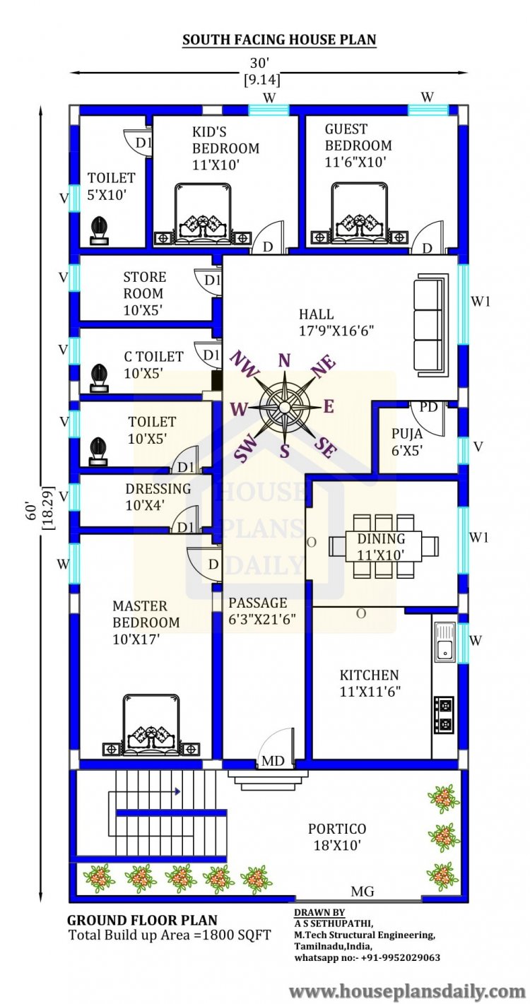 1800 Sqft House Plan | South Facing Home Design