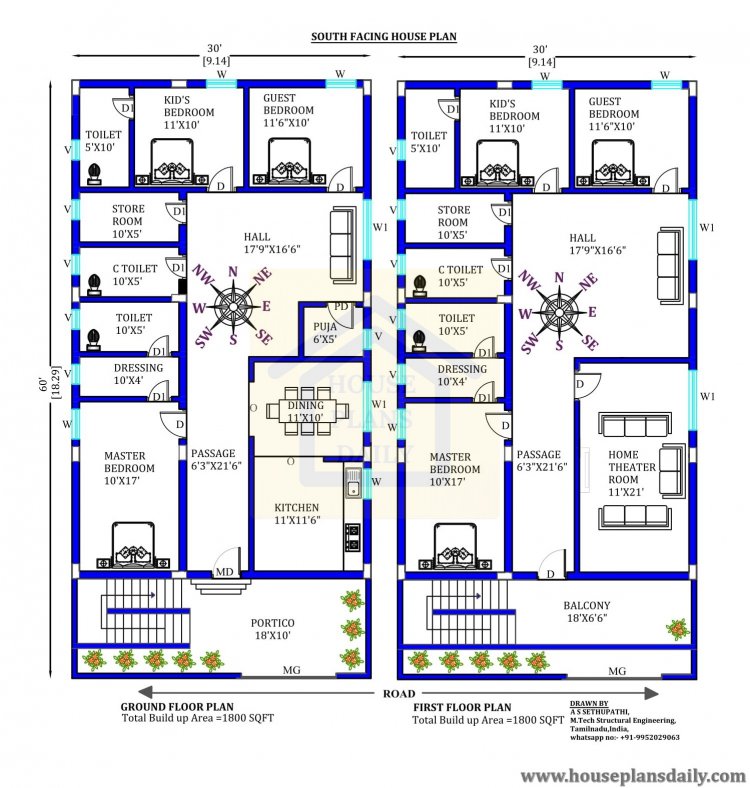 1800 Sqft House Plan | South Facing Home Design