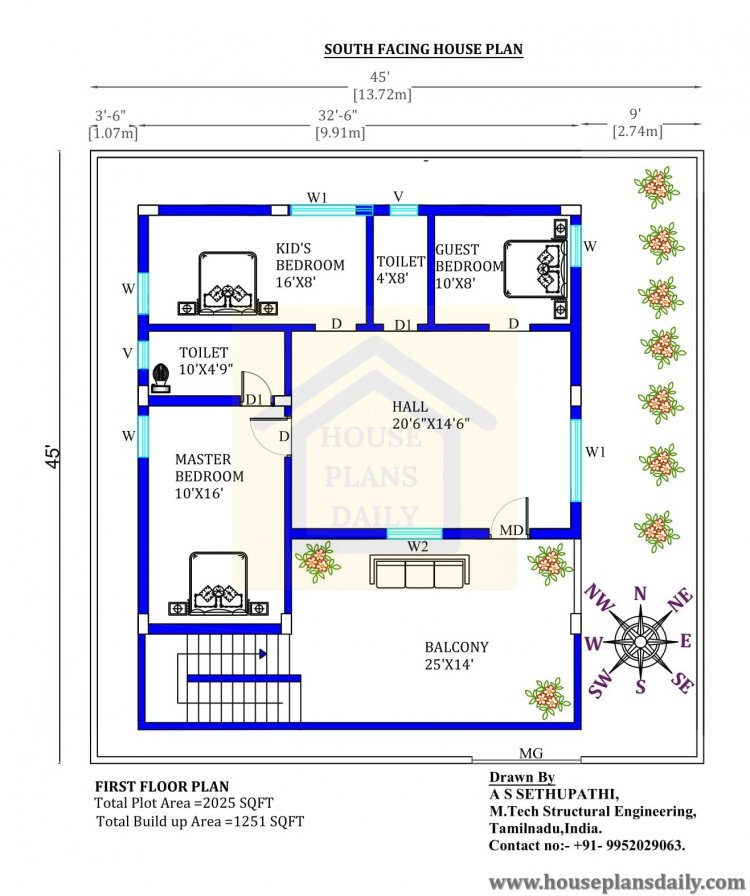 45x45 South Facing House Plan | Vastu Home Design