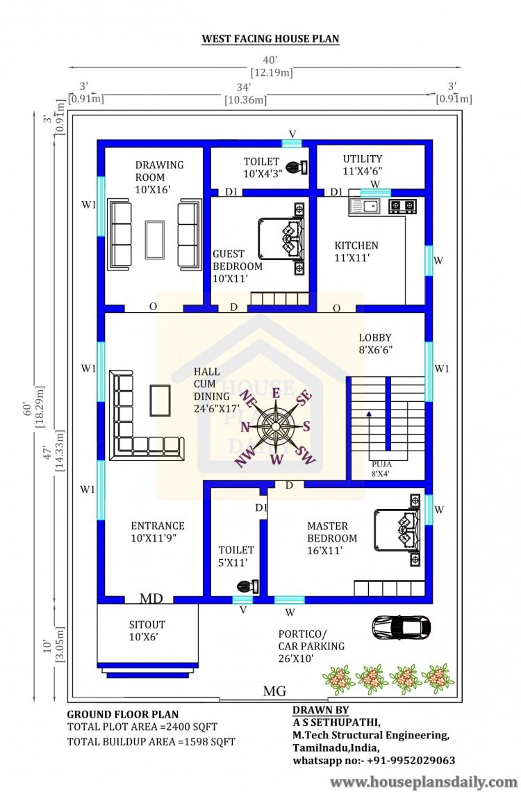 Ghar Ka Naksha | Vastu West Facing House Plan