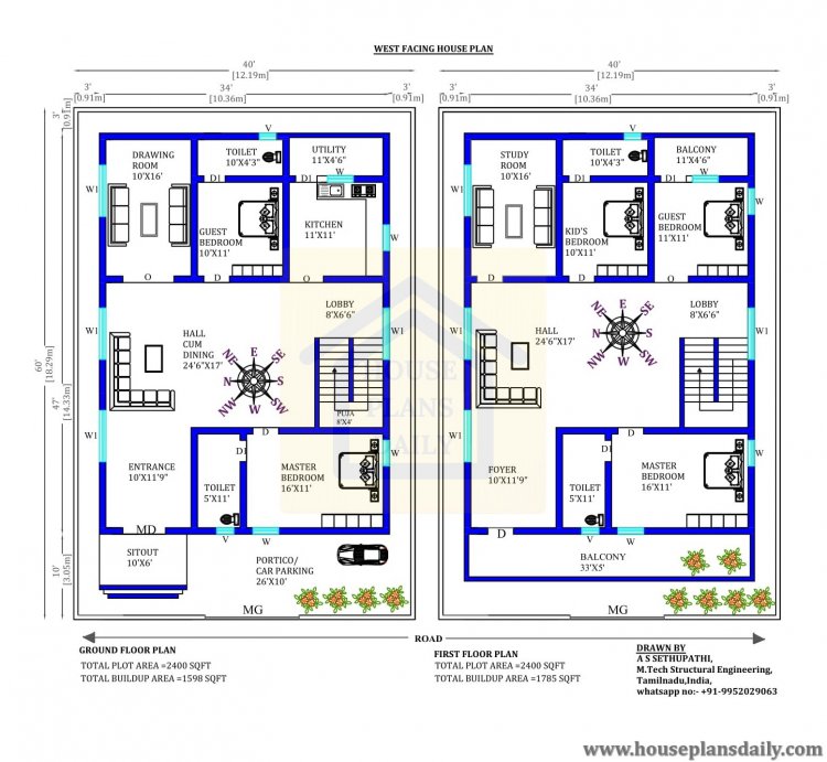 Ghar Ka Naksha | Vastu West Facing House Plan