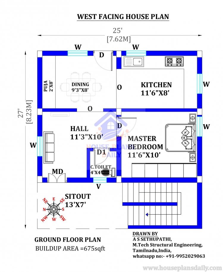 1BHK Ground Floor Plan | West Facing Single Bedroom House