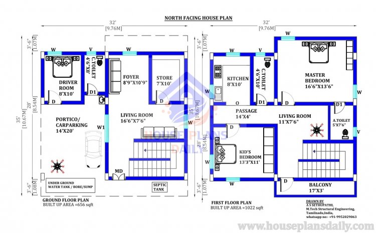 2BHK Duplex House | North Facing Floor Plan | 1000 sqft House