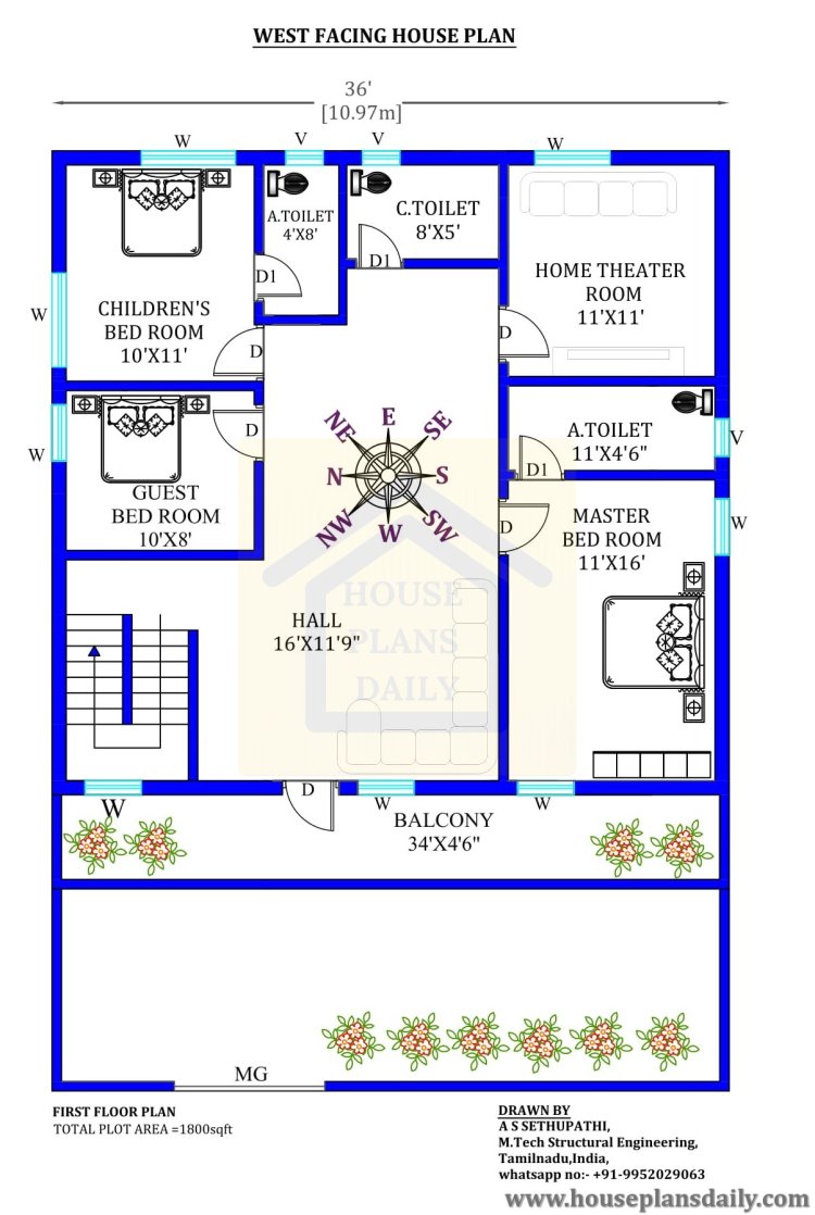 House Designs 3 Bedroom | 1800 Sqft West Facing House