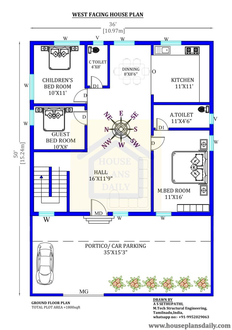 House Designs 3 Bedroom | 1800 Sqft West Facing House