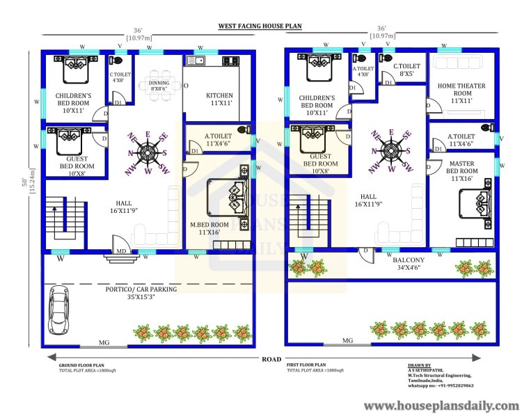 House Designs 3 Bedroom | 1800 Sqft West Facing House