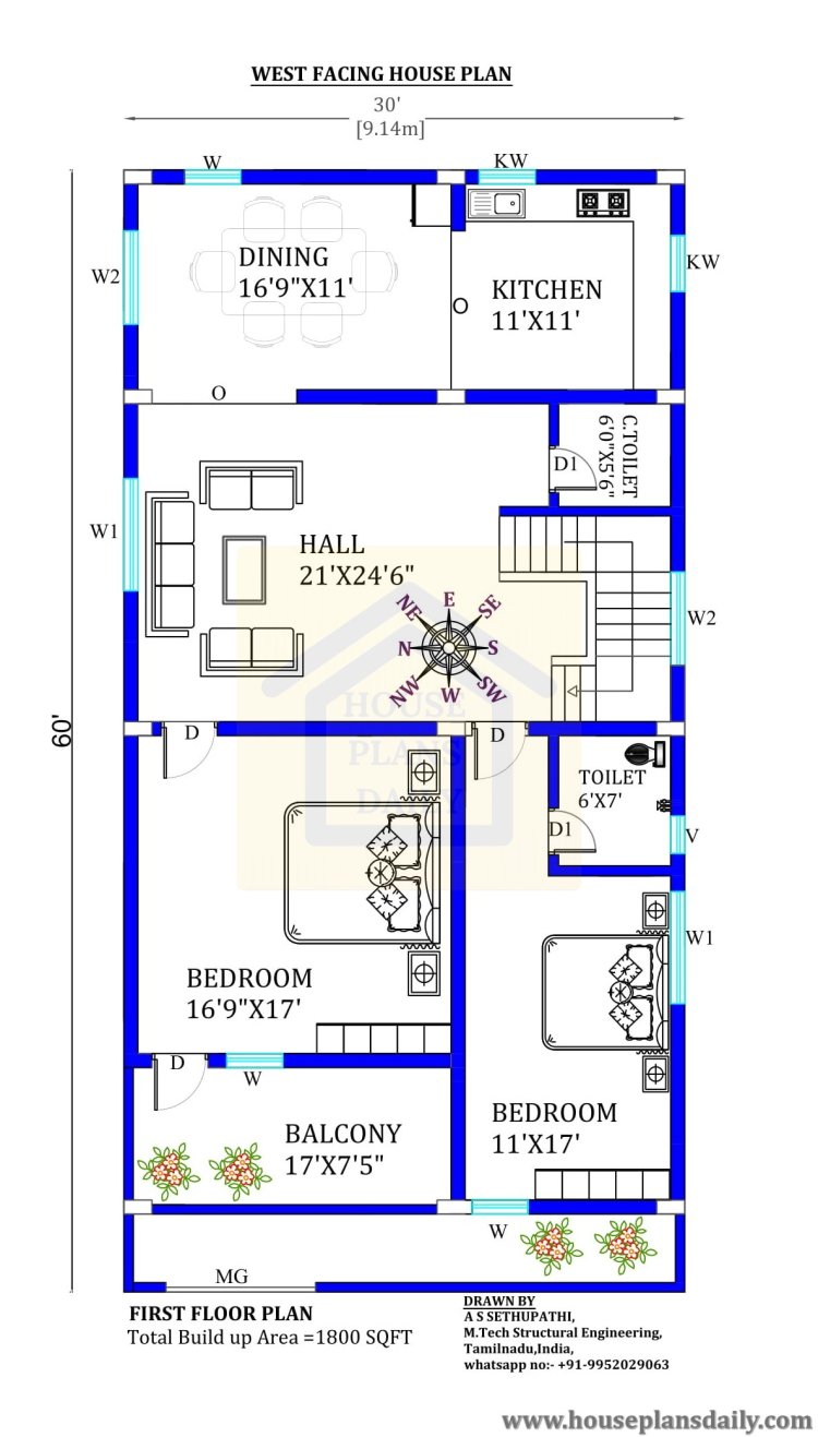 Vastu West Facing House Plan | Duplex House Design