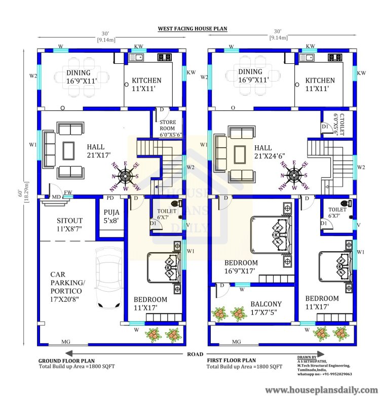 Vastu West Facing House Plan | Duplex House Design