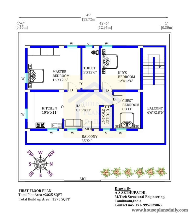 Vastu East Facing House Plan | 45x45 Ghar Ka Naksha
