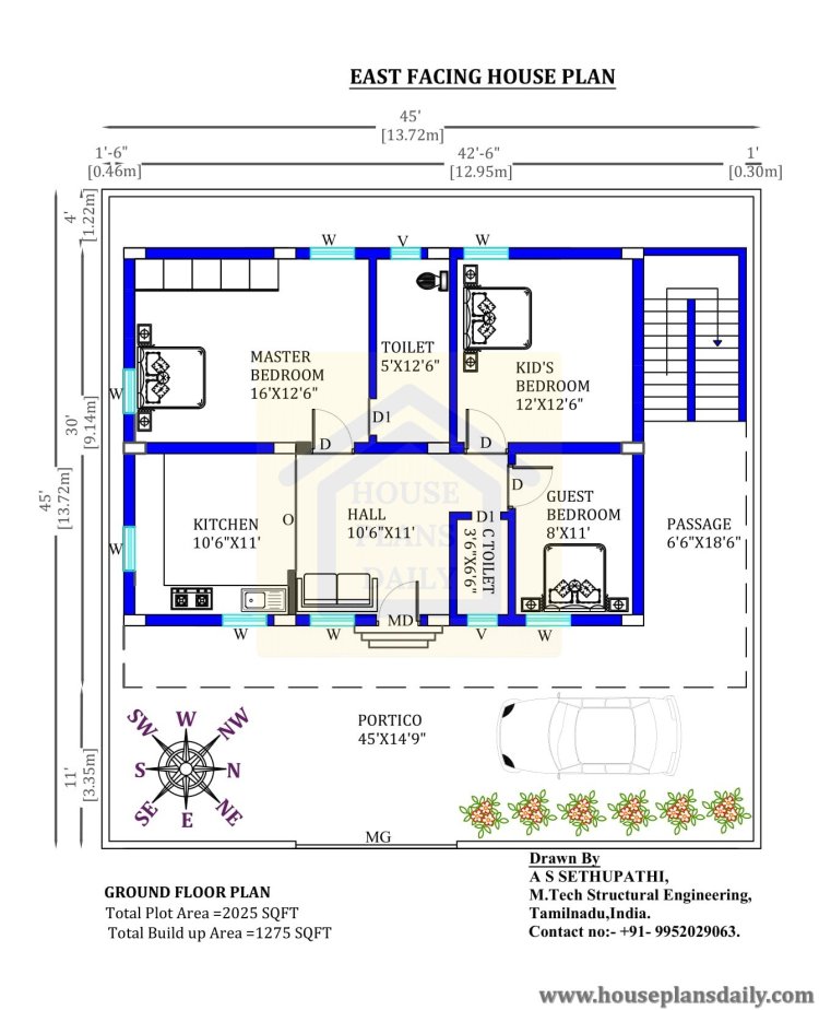 Vastu East Facing House Plan | 45x45 Ghar Ka Naksha