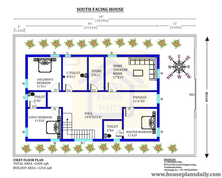 South Facing House Plan Per Vastu | Duplex House Design