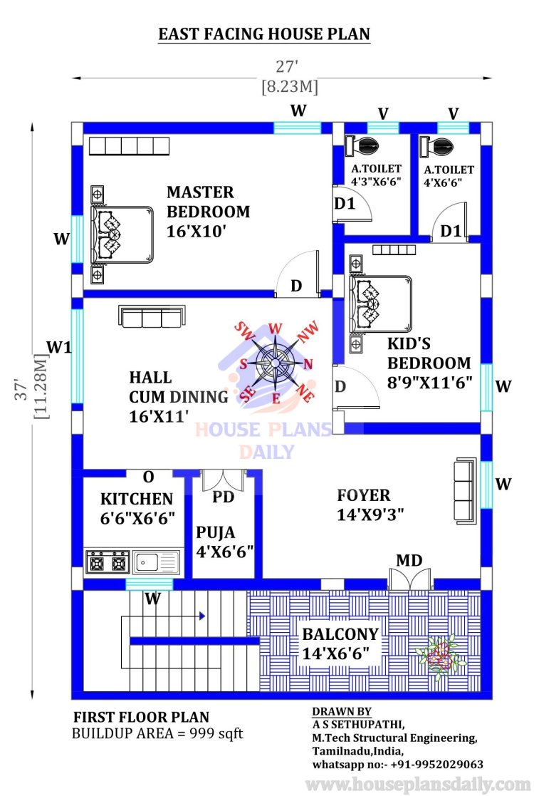 1000 Sqft House Design for Middle Class | 27x37 House Plan