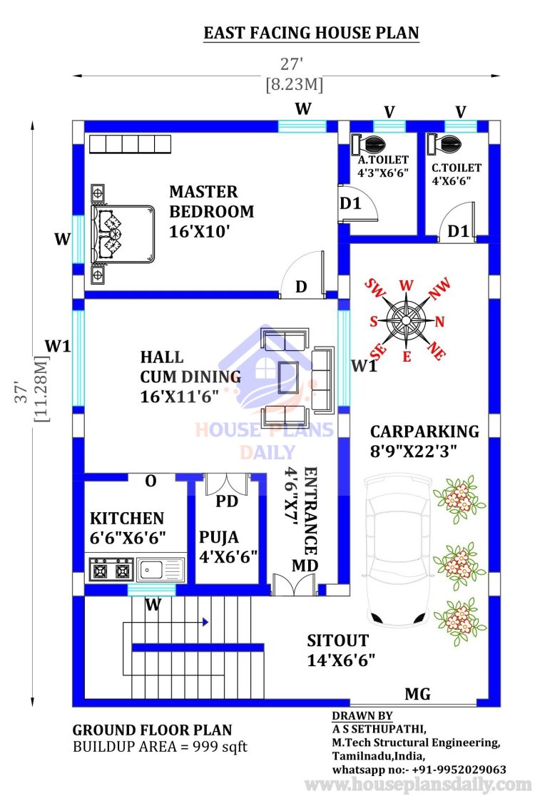east facing house vastu plan with pooja room 3d
