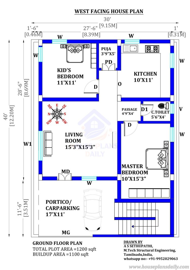 west facing house vastu plan 30x40
