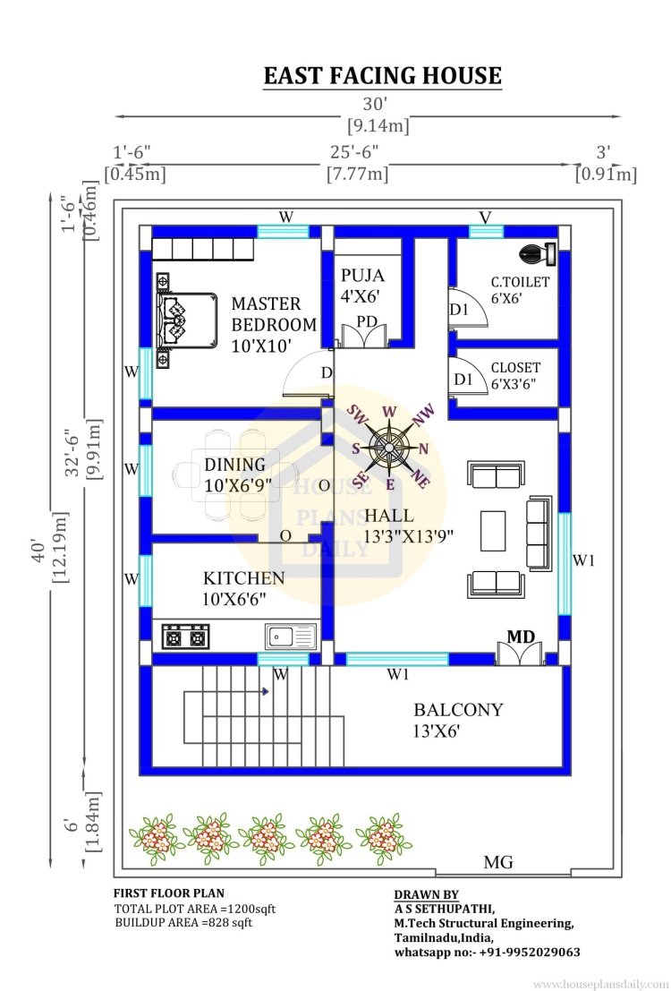 30x40 East Face House Plans Aligned with Vastu Shastra