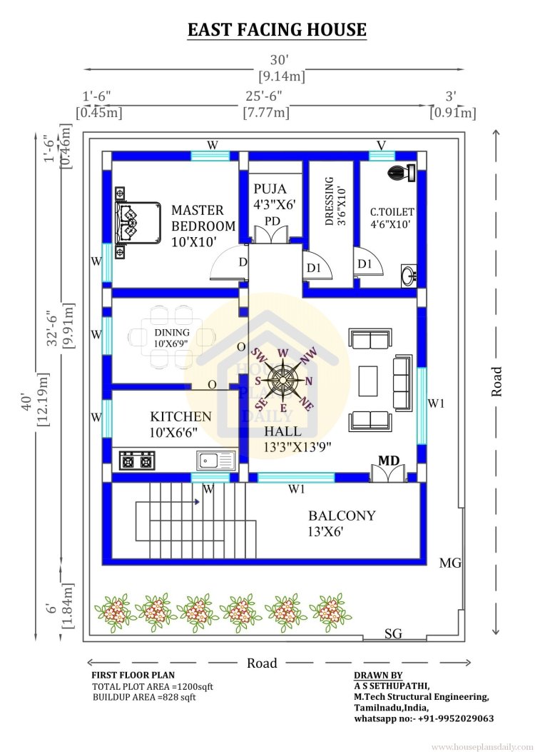 2BHK House Plan | 30x40 East Facing House Vastu Plan | 1BHK Plan