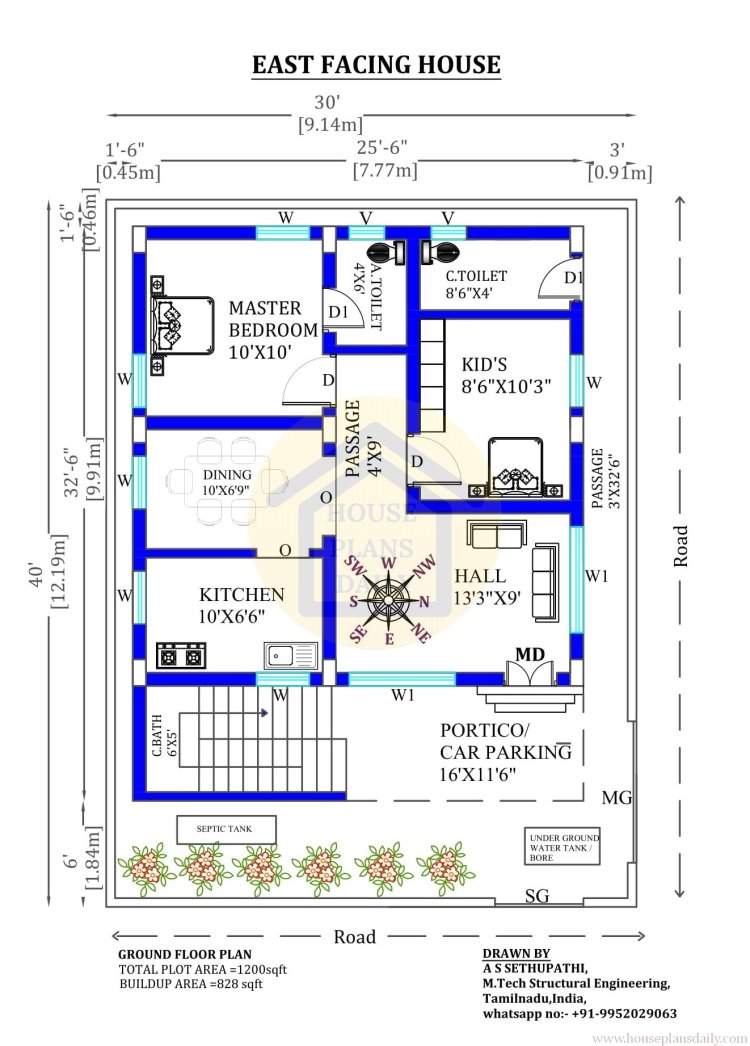 2BHK House Plan | 30x40 East Facing House Vastu Plan | 1BHK Plan