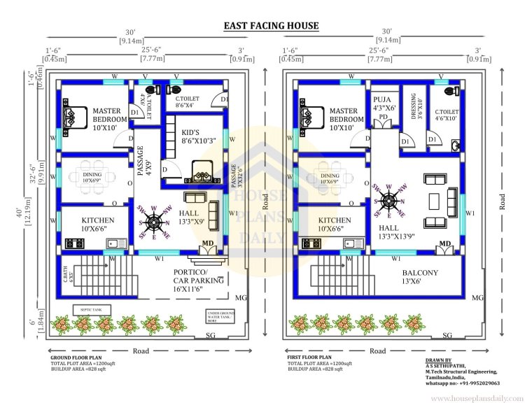 2BHK House Plan | 30x40 East Facing House Vastu Plan | 1BHK Plan