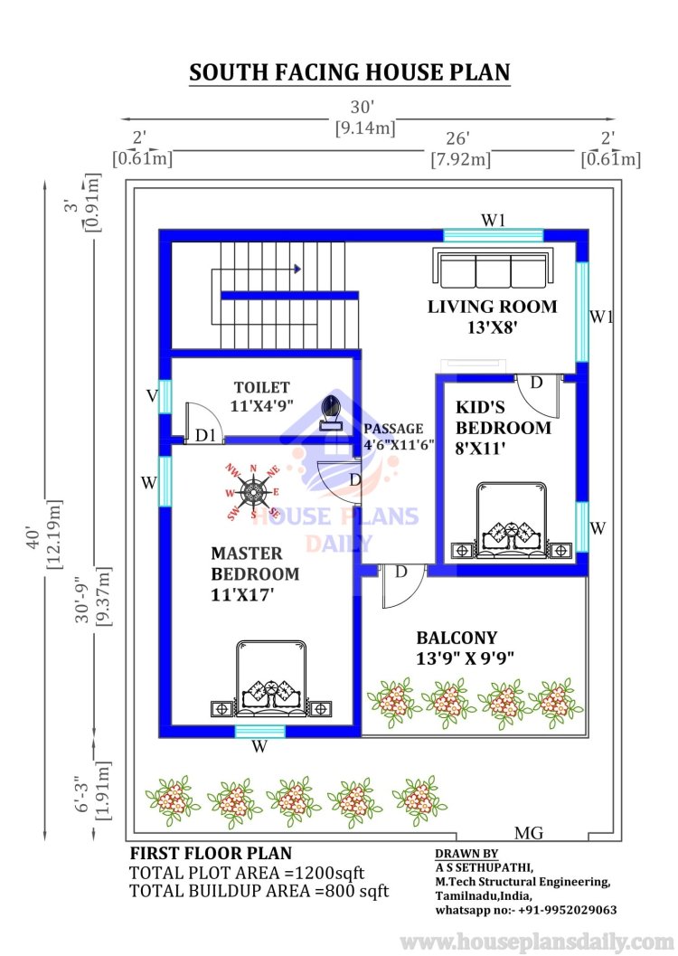 30x40 South Facing House Plan with Car Parking
