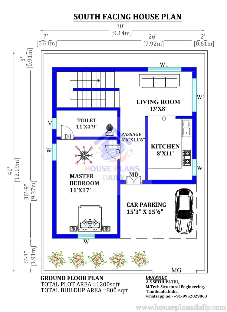 1200 square feet house plan with car parking