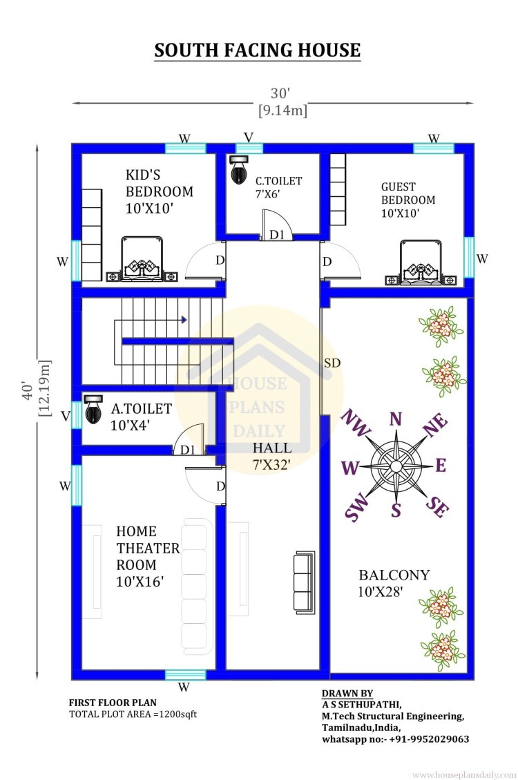 House Planning 30x40 | South Face House Vastu | 3bhk House