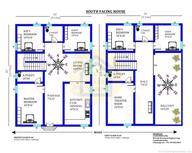 House Planning 30x40 | South Face House Vastu | 3bhk House