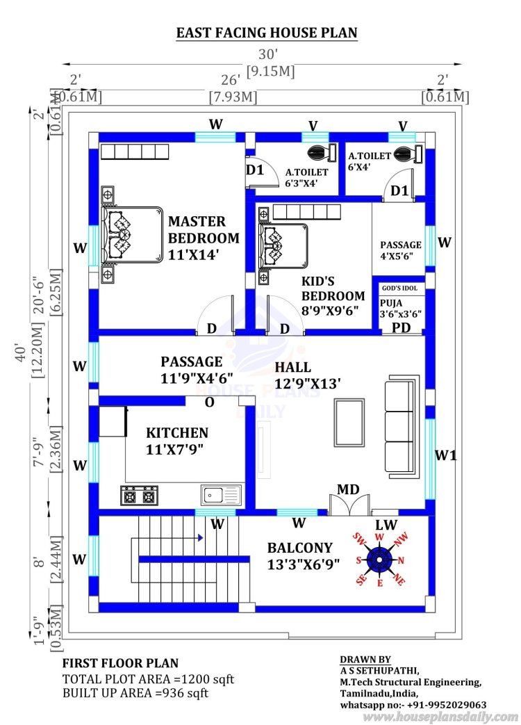 30 40 House Plan East Facing | 2bhk House Plan with Vastu