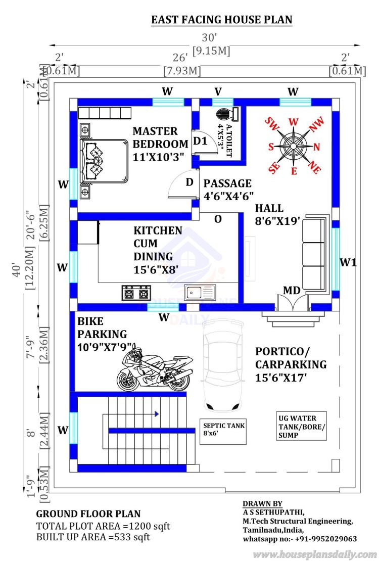 30 40 House Plan East Facing | 2bhk House Plan with Vastu