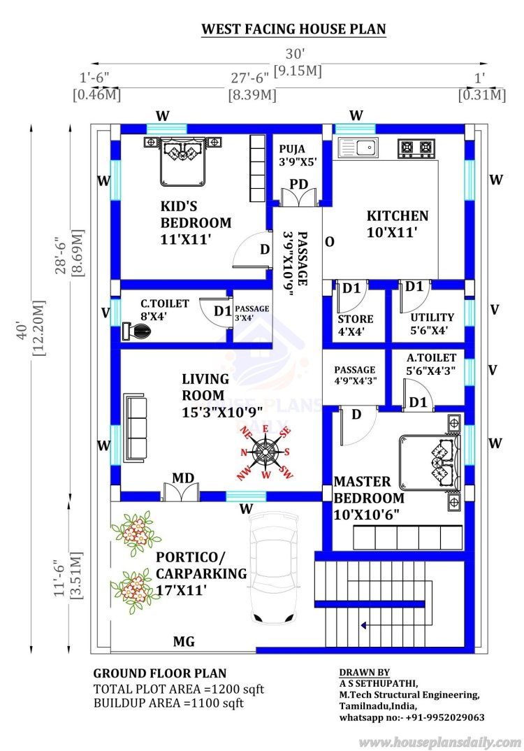 30x40 Feet Modern House Design | West Facing House Plan Vastu
