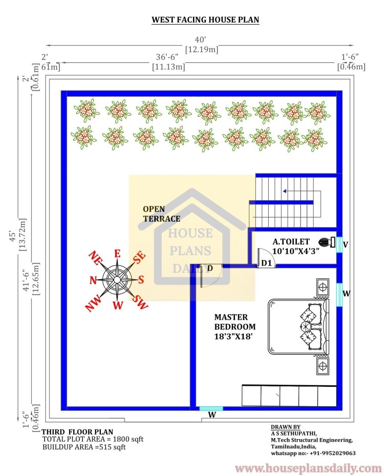 Three Story House Plan | West Face House | 40x45 House Plan
