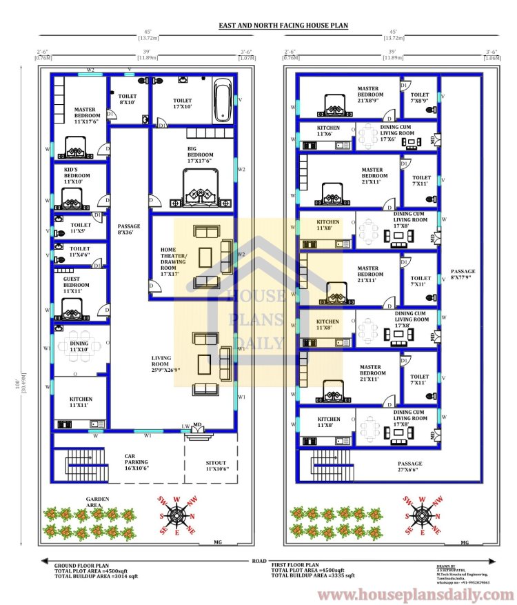 4500 Sqft Plans of House Designs | East and North Facing Vastu Plan