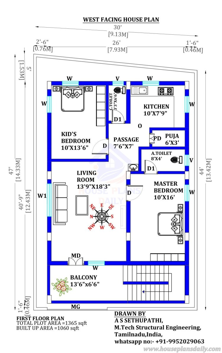 Perfect 2BHK House Plan with West-Facing Orientation