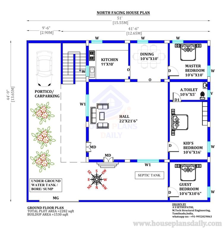 3bhk house plan north facing- House Plans Daily