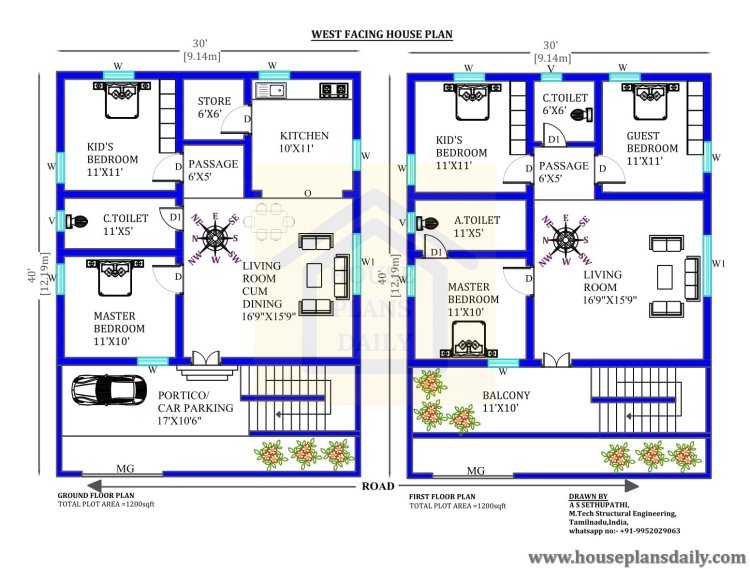 West Face House Plan with Vastu | House Plans Daily