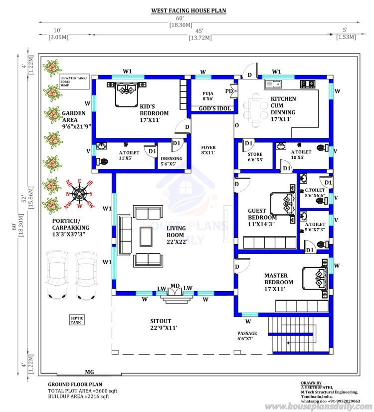 West Face House Plan with Vastu | House Plans Daily