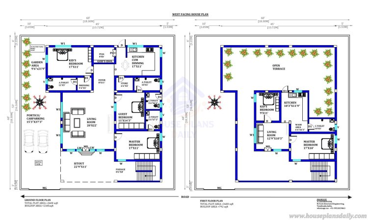 West Face House Plan with Vastu | House Plans Daily