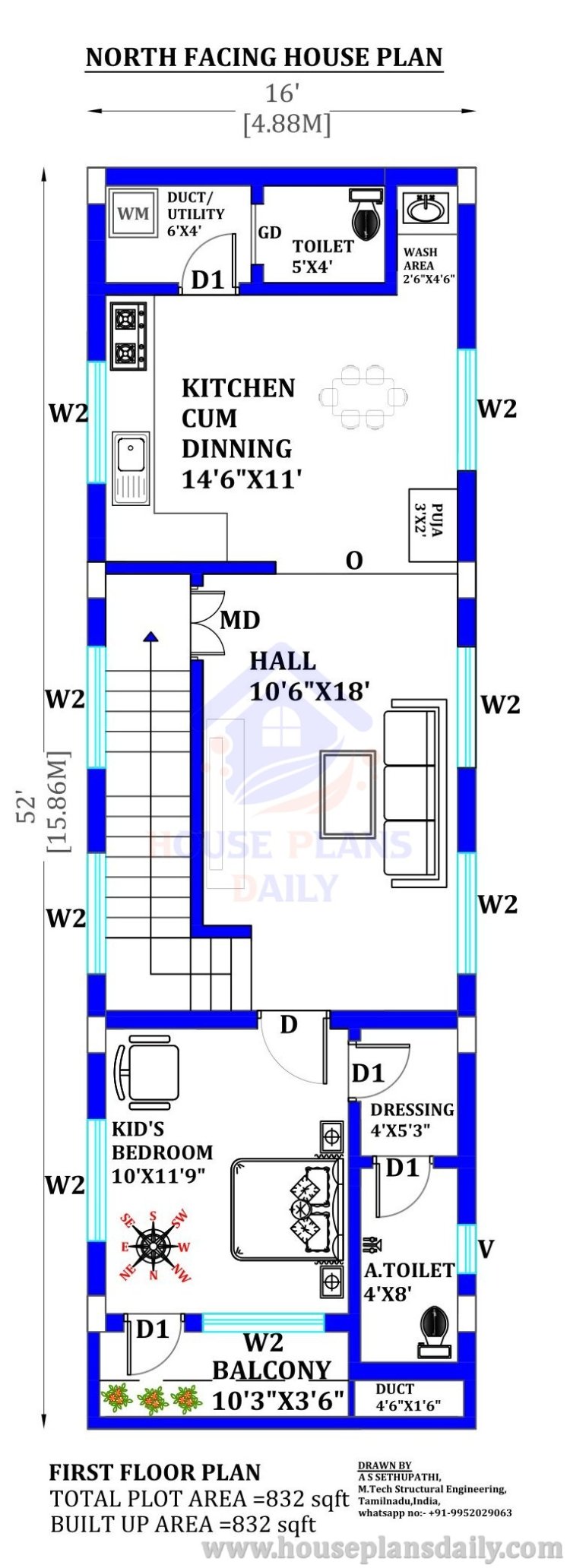 Three Floor House Design | North Facing House with Elevation