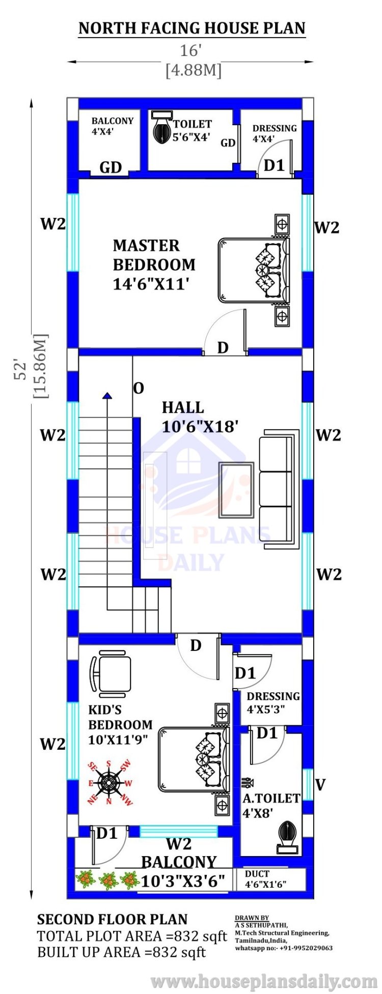 Three Floor House Design | North Facing House with Elevation