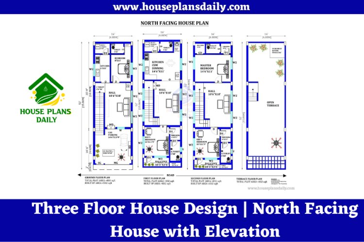 Three Floor House Design | North Facing House with Elevation