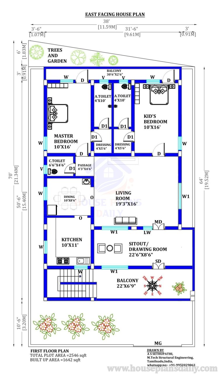 38x70 House Plan with Car Parking | East and North Facing House Plans Design